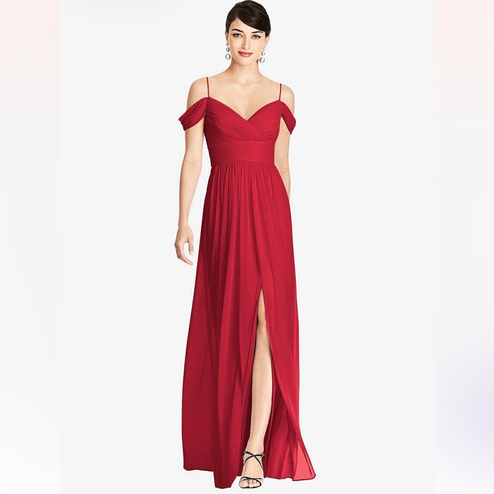 ALFRED SUNG D743 Ruched V-Neck Cold Shoulder Maxi Dress w Slit, Burgundy, Sz 2